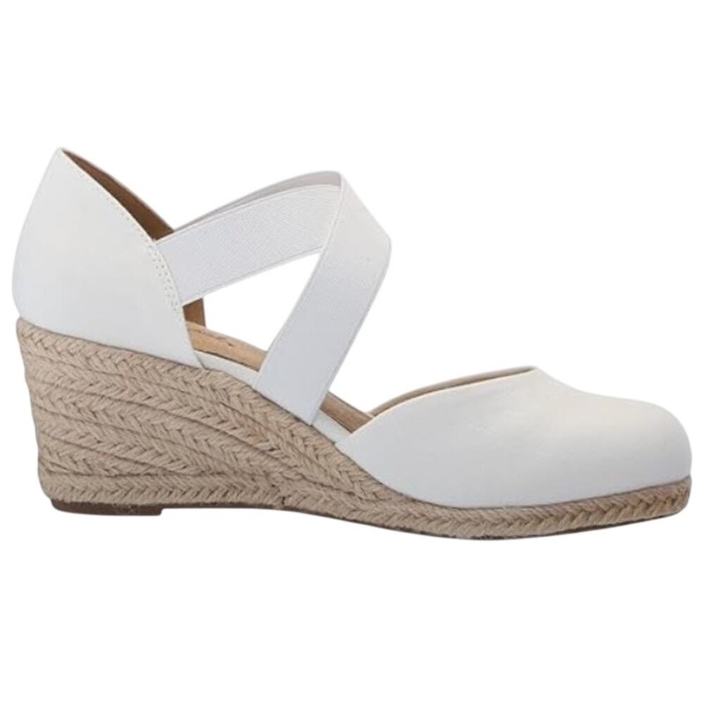 NEW Easy Street Pari White Canvas Elastic Strap Espadrille Wedge Sandal SZ 9